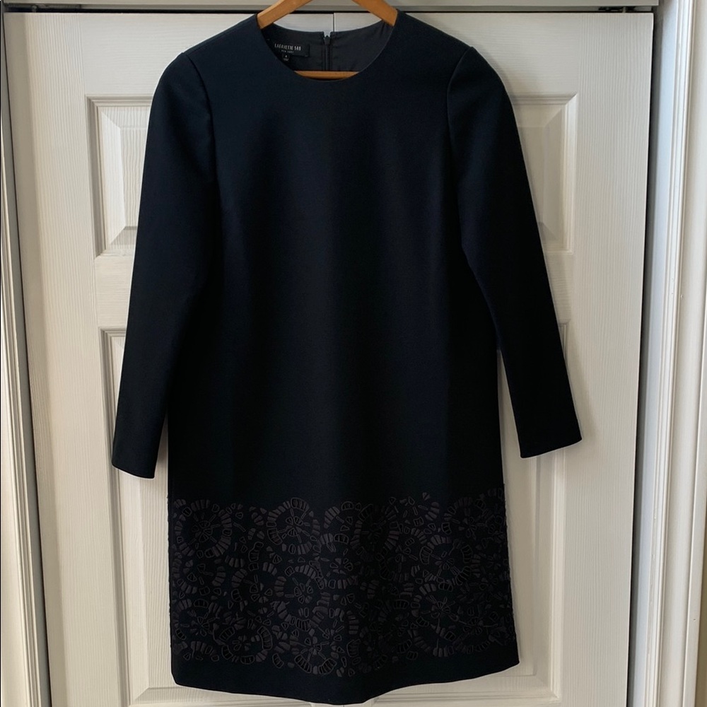 Lafayette 148 black long sleeved lined A line dress embroidered hem EUC
